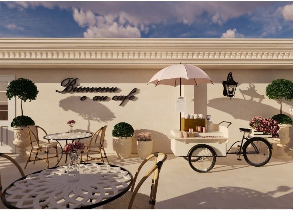 Café terrace with bistro tables, a parasol and a coffee cart