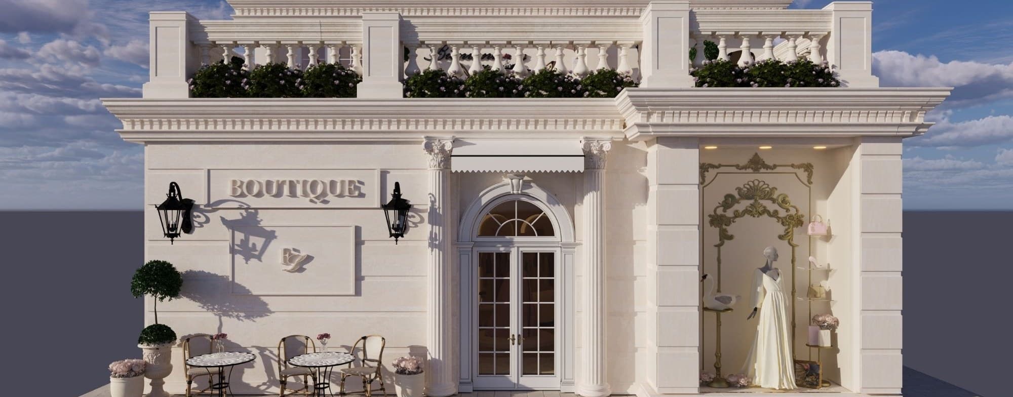 Neoclassical boutique façade with an arched entry, wall lanterns, bistro tables and a rooftop garden