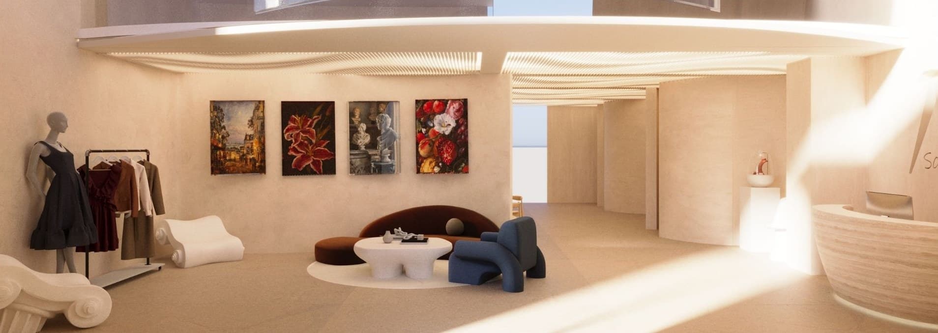 School of arts reception with curved forms, layered lighting and framed artwork
